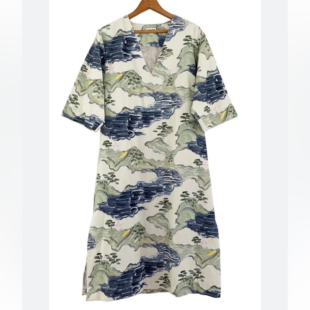 Whit Asian dreamscape landscape printed corduroy dress Sz S EUC